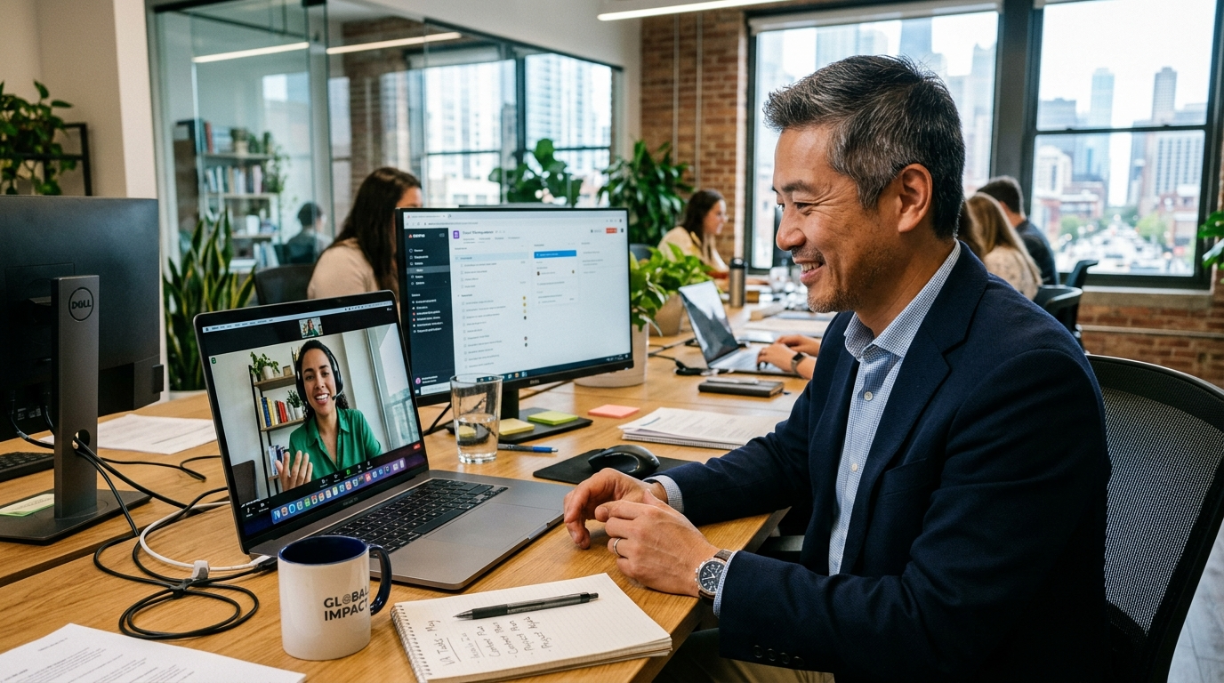 US business owner on video call with nearshore virtual assistant through nearshore hiring services — real-time collaboration