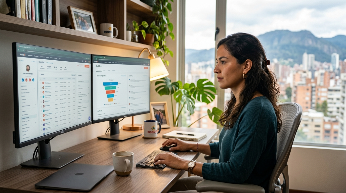 Latin American virtual assistant using nearshore hiring support services at a modern dual-monitor home office desk during US business hours