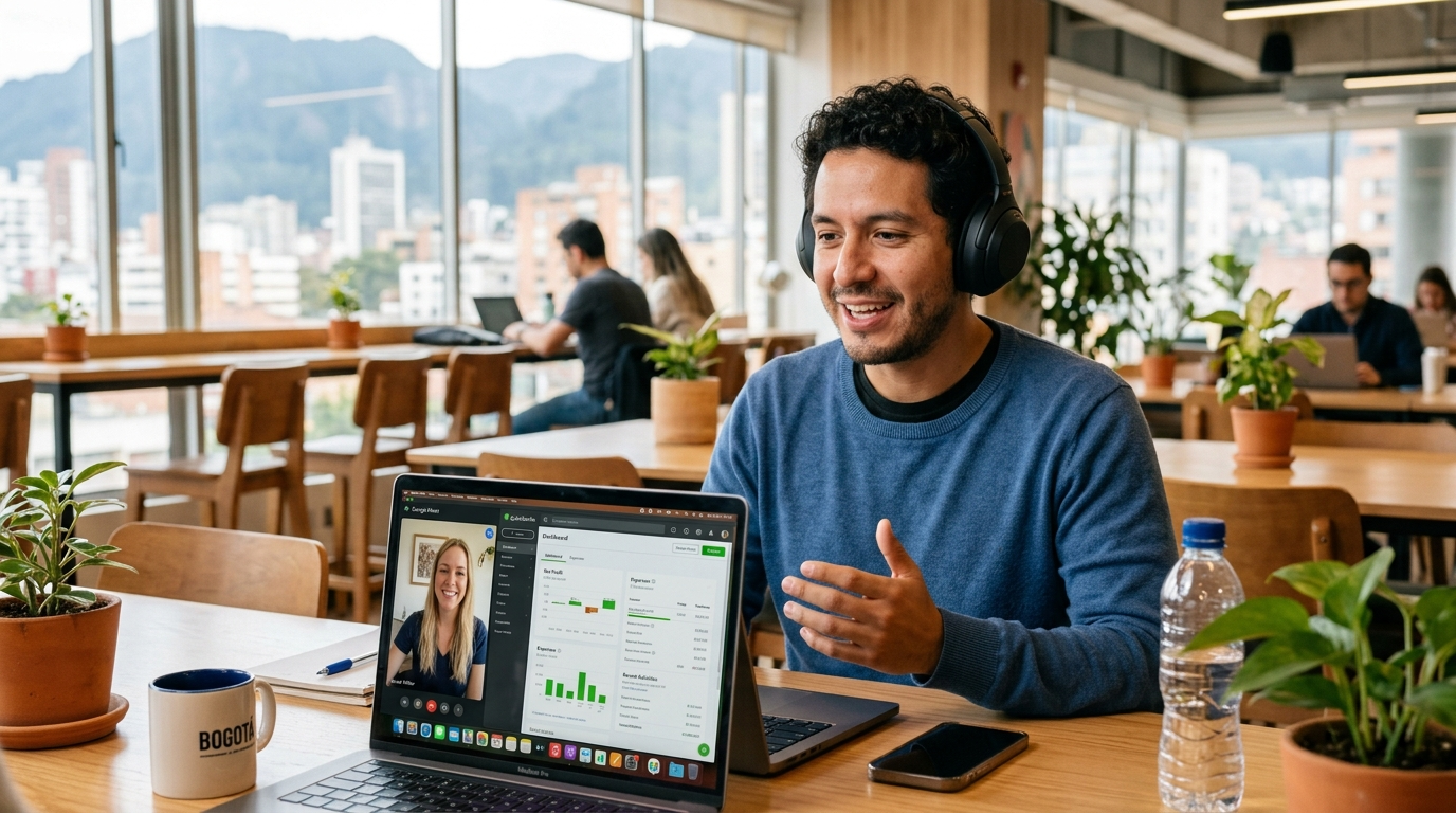 Latin American nearshore virtual assistant on video call with US client using QuickBooks during normal business hours