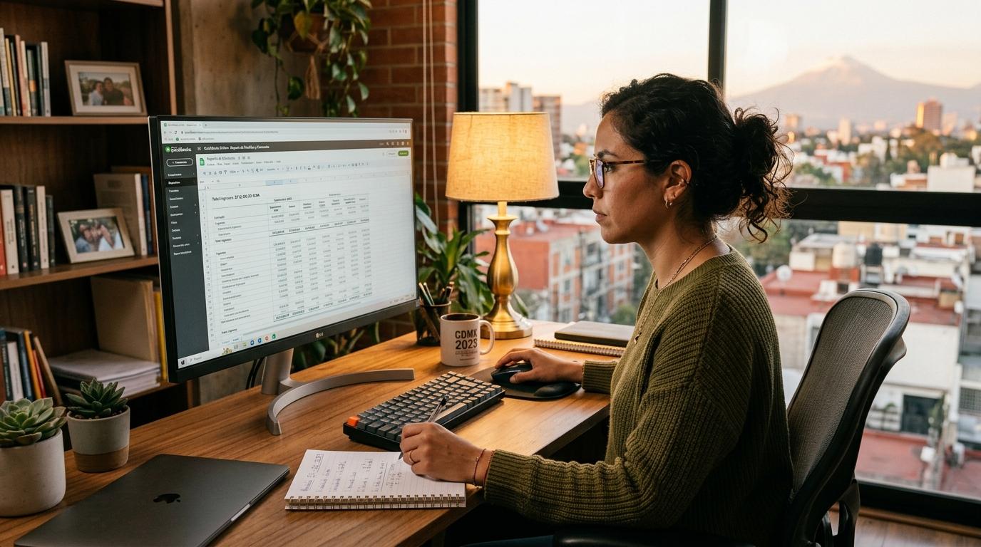 Latin American bookkeeping virtual assistant reviewing QuickBooks reconciliation report on desktop monitor in a professional home office