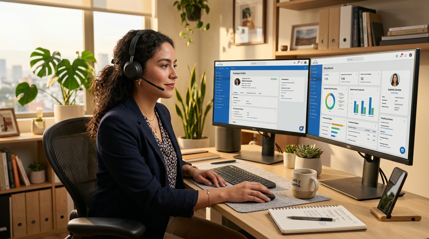 Nearshore HR coordinator in Latin America managing US employee onboarding workflows on dual monitors in a bright home office