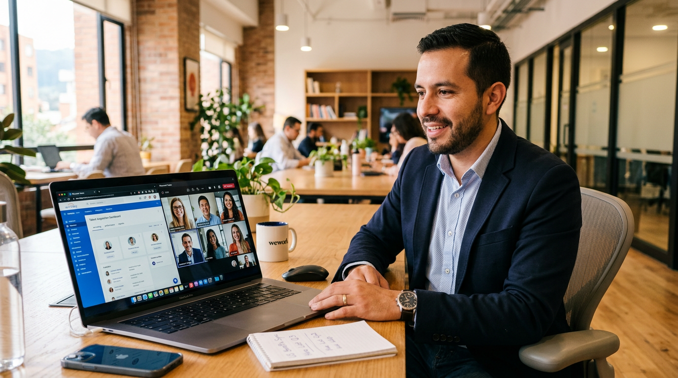 Nearshore HR coordinator on video call with US team members, HRIS dashboard visible on laptop screen in modern office