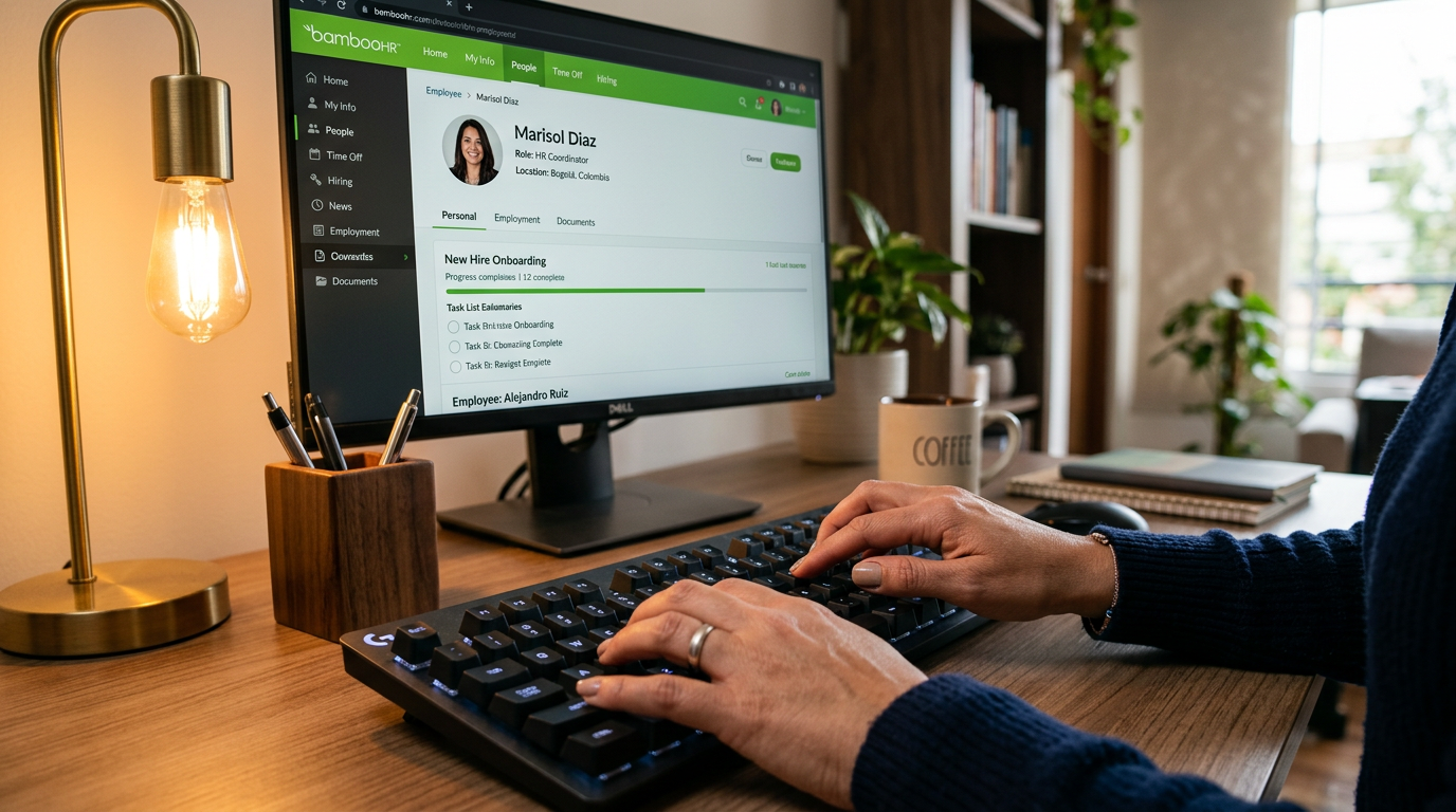 Nearshore HR coordinator managing employee records in BambooHR dashboard, close-up of keyboard and HR software interface