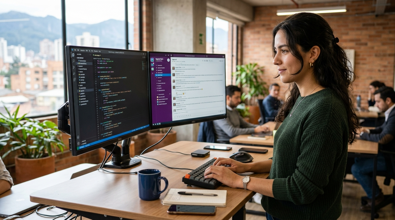 Latin American nearshore IT staffing professional working at dual-monitor desk in a modern Bogotá co-working space