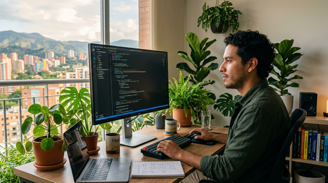 Nearshore IT staffing developer reviewing code on a large monitor in a home office in Medellín, Colombia