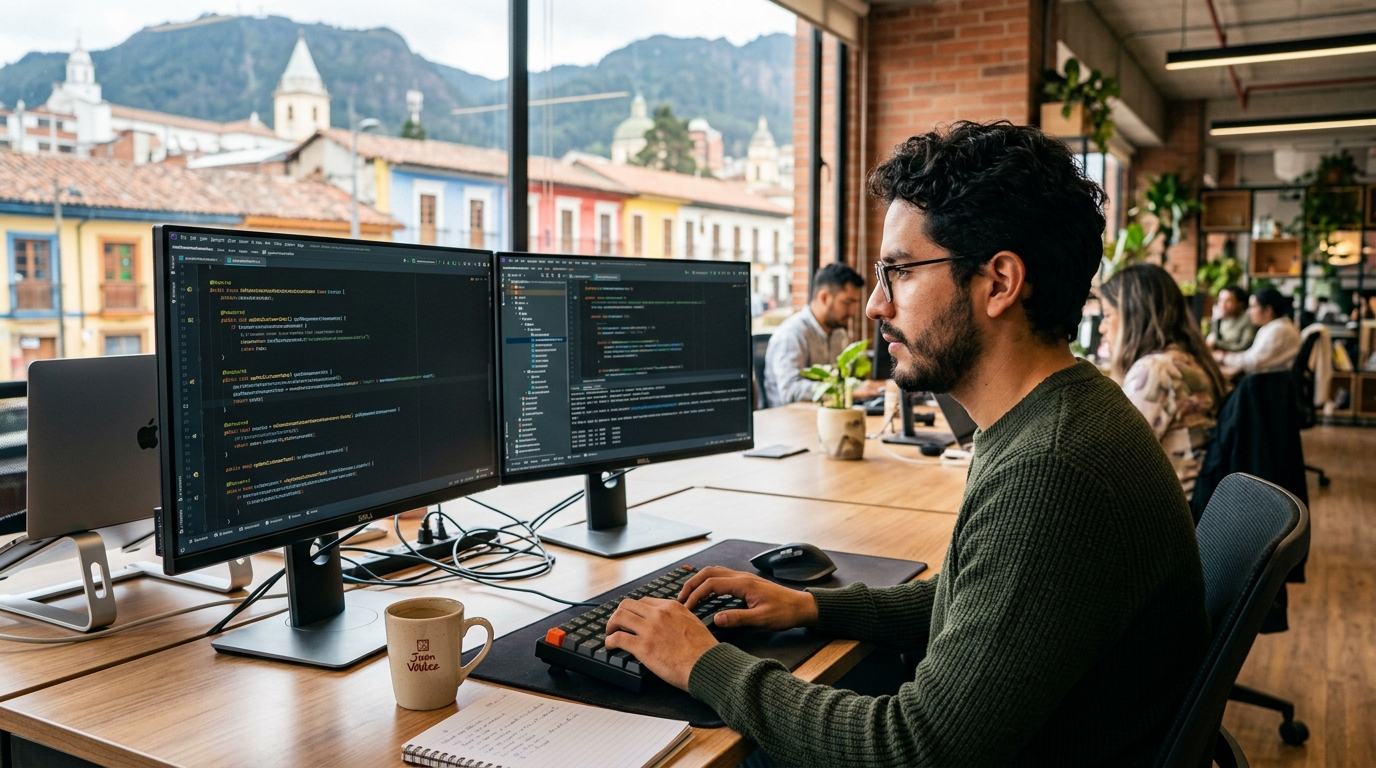 Nearshore Java developer in Latin America working at a dual-monitor setup in a modern coworking office in 2026