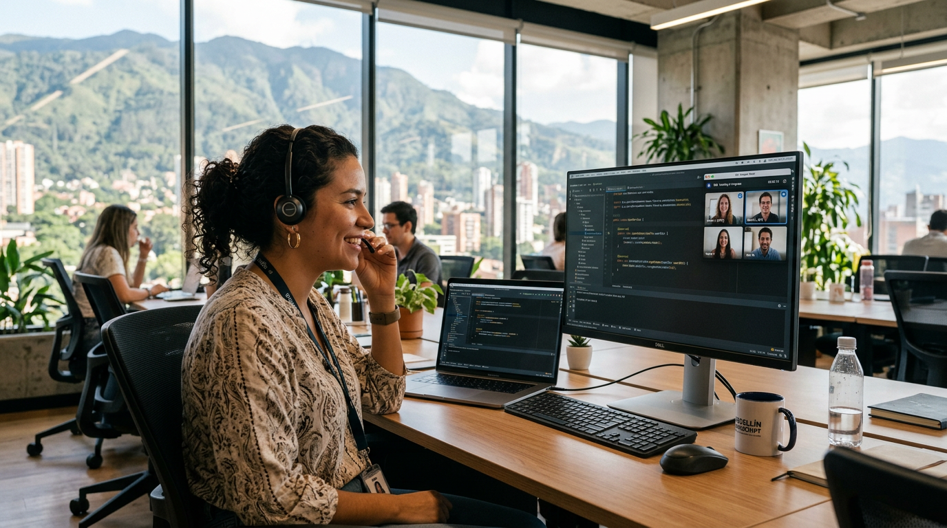 Nearshore Java developer in Medellín on a live video call with a US engineering team, IntelliJ IDEA visible on screen