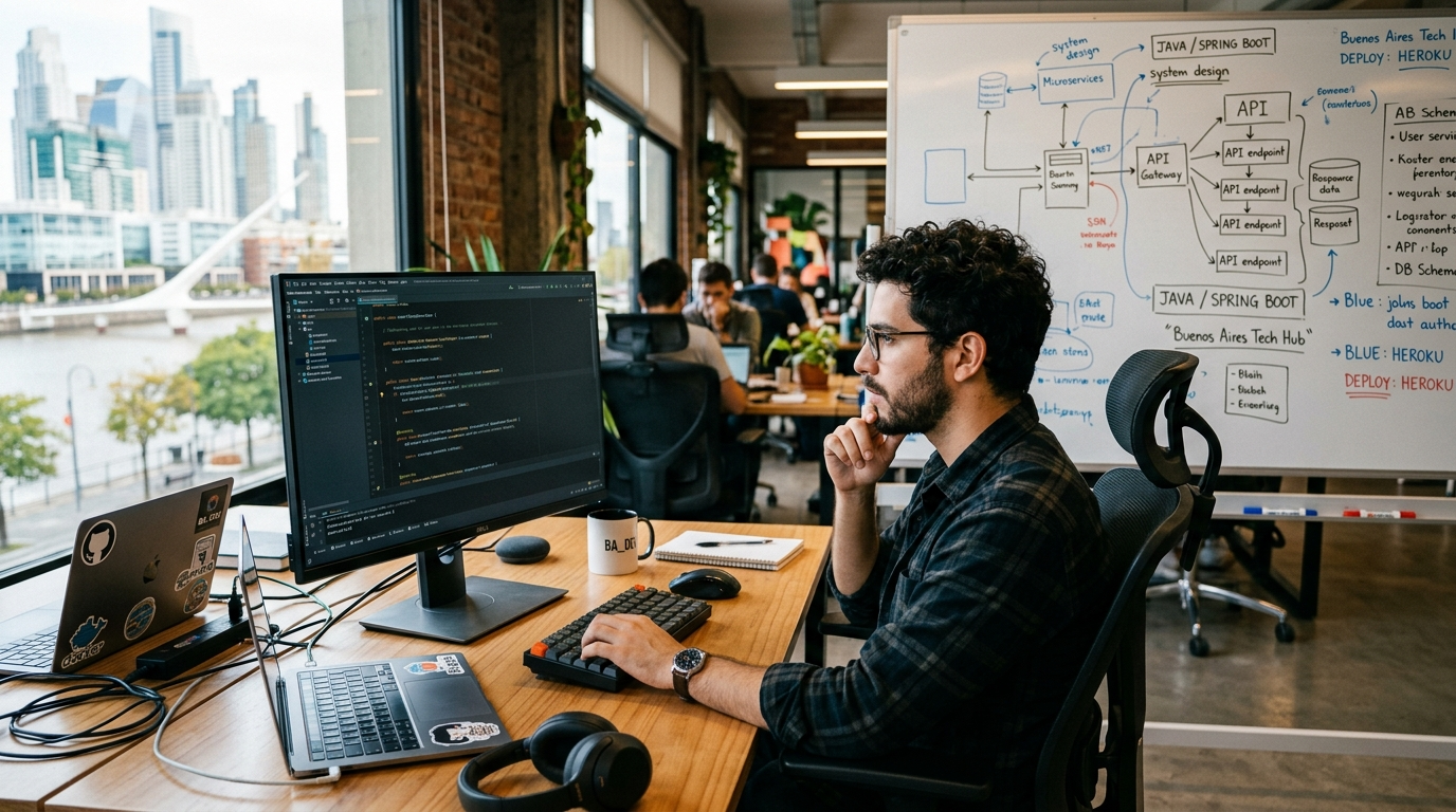 Nearshore Java developer in Buenos Aires reviewing Spring Boot microservices architecture on a large monitor in a modern tech office