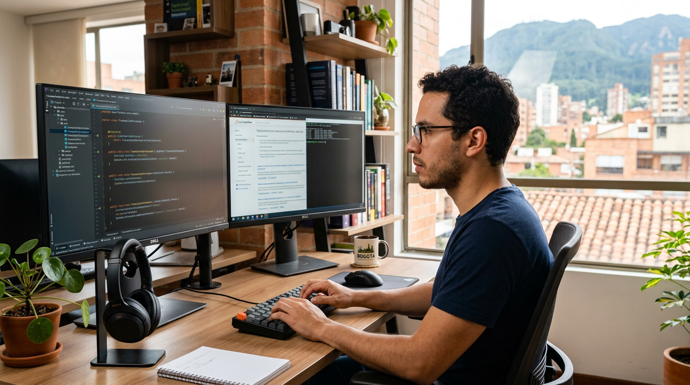 Latin American Java developer writing code on dual monitors in a modern Bogotá home office, representing nearshore Java development in 2026