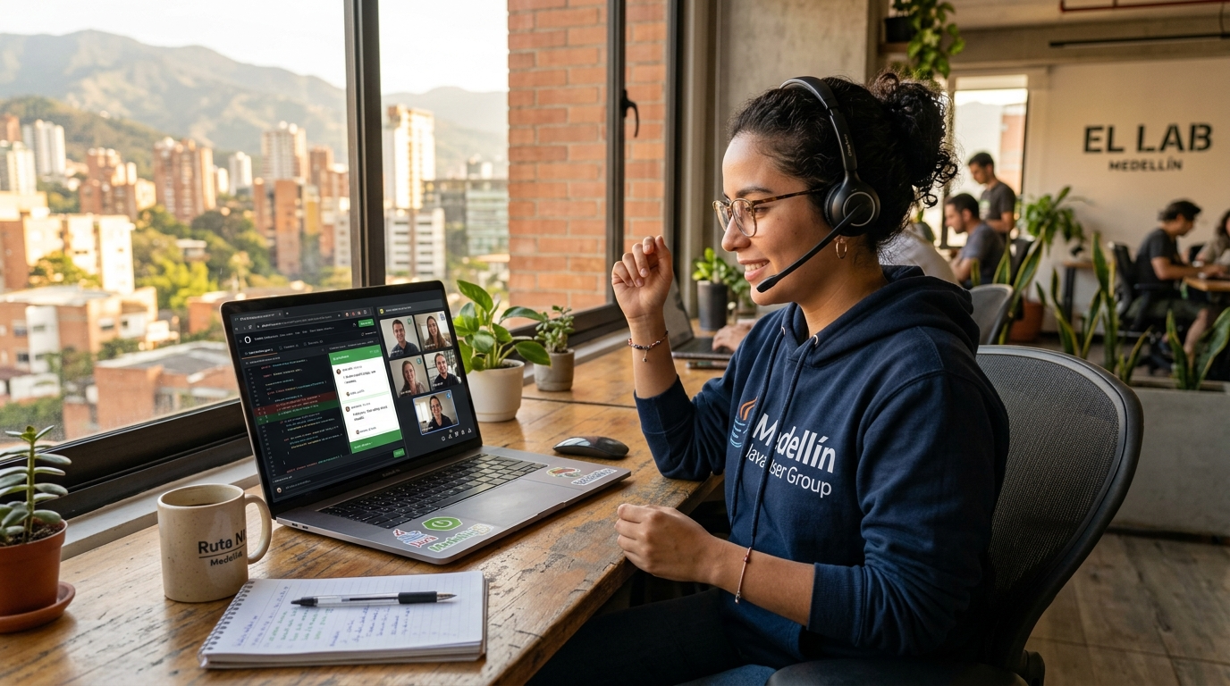 Latin American Java developer on a video call with a US engineering team, reviewing code in a modern Medellín co-working space