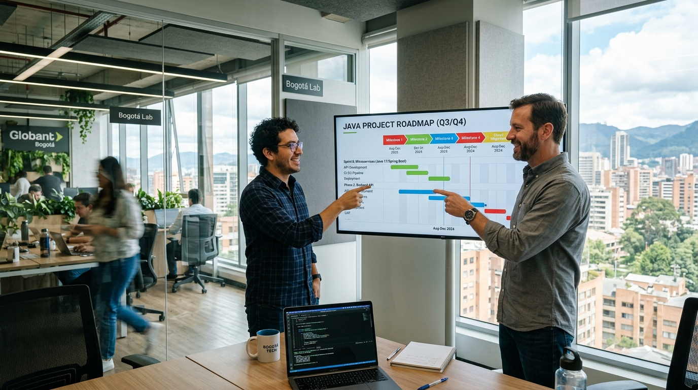 Latin American Java developer and US project manager reviewing a sprint roadmap together on a shared screen in a modern office