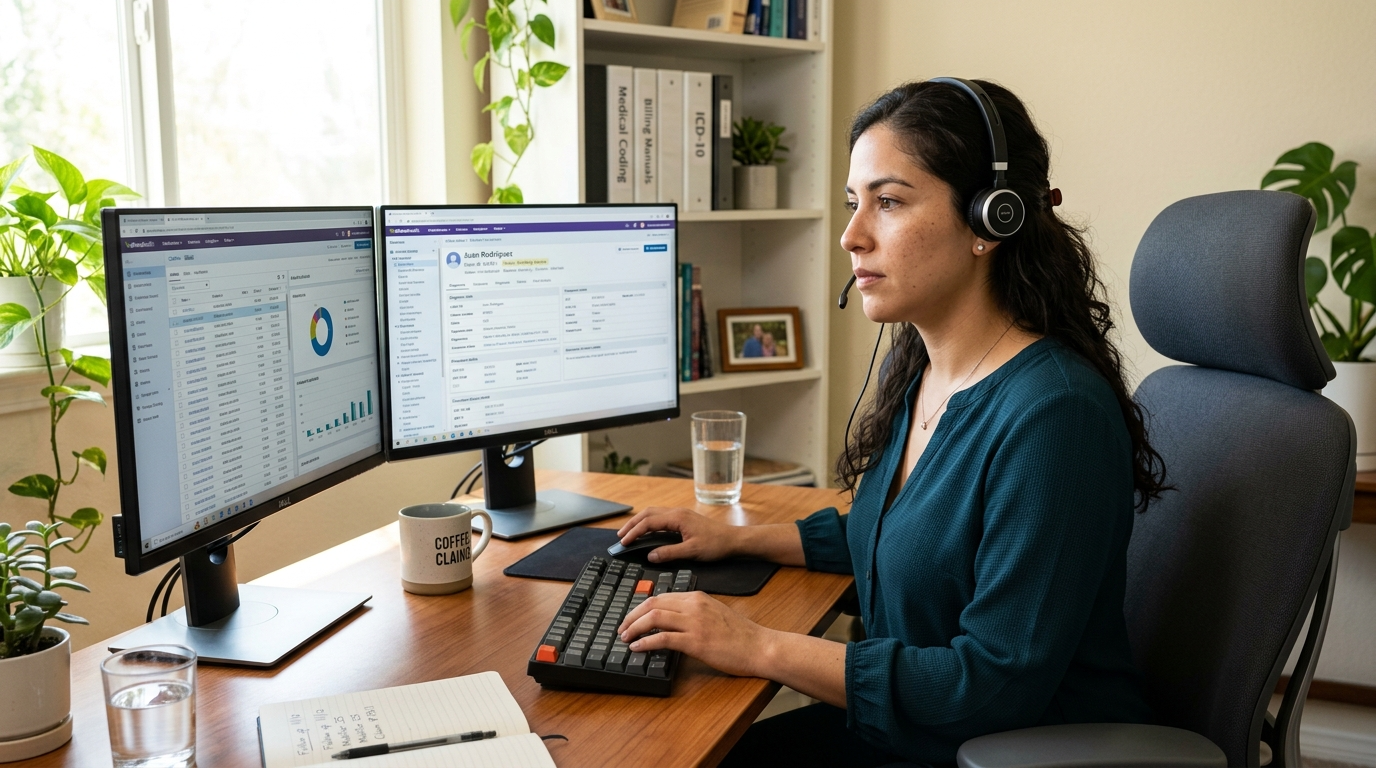 Latin American nearshore medical billing specialist reviewing claims on dual monitors in a professional home office setup
