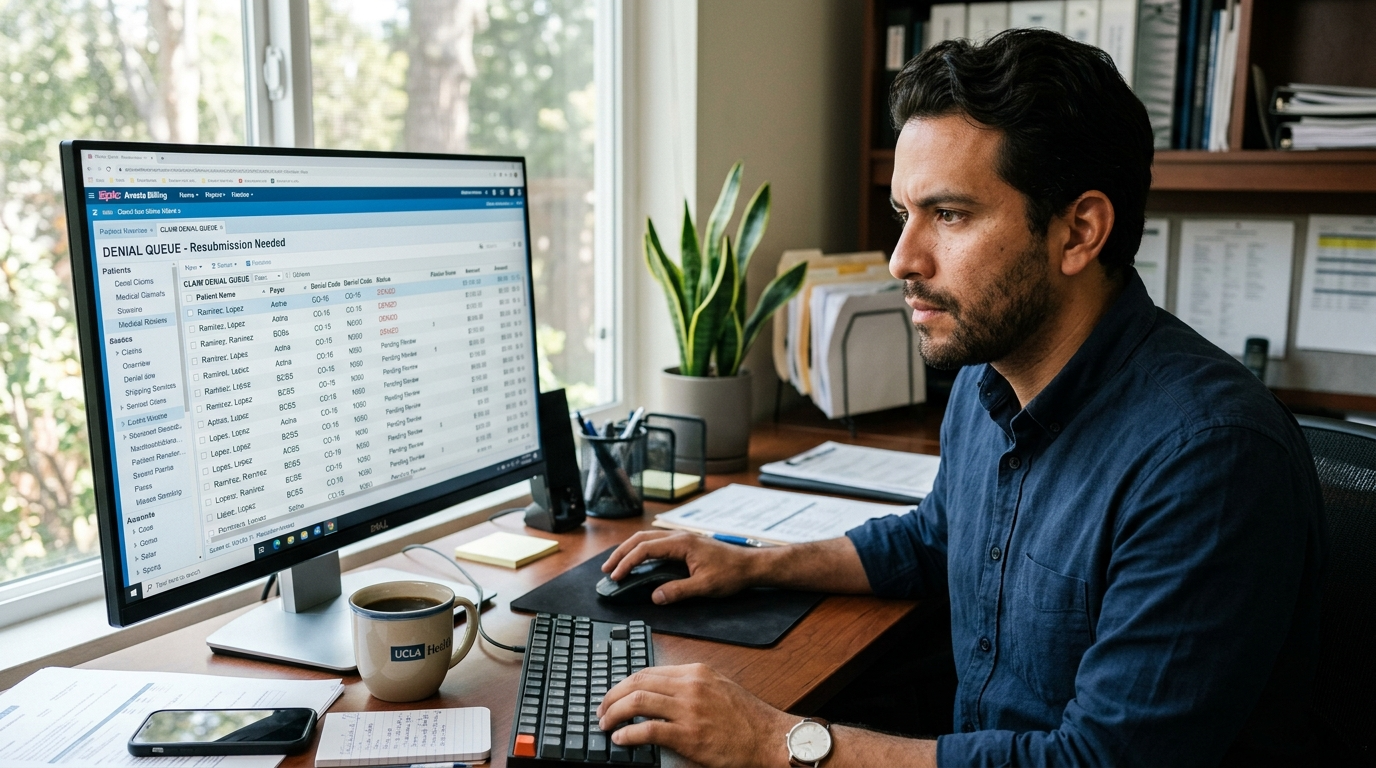 Nearshore medical billing specialist using AI-assisted denial management tools in a Latin American home office during US business hours