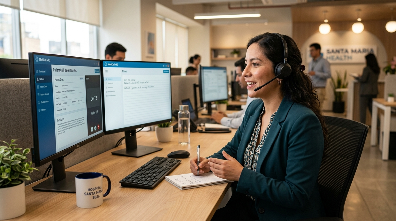 Nearshore medical call center agent in Latin America handling patient scheduling calls on dual monitors with headset