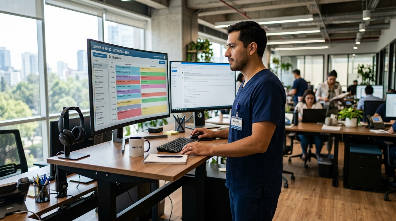 Nearshore medical call center specialist reviewing patient appointment schedule on monitor in Latin American office