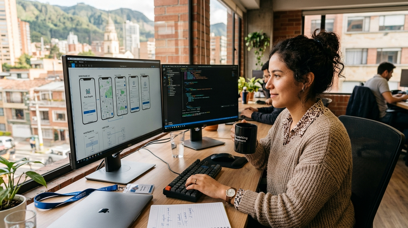 Latin American developer working on nearshore mobile app development at a modern co-working space in Bogotá, dual monitors visible