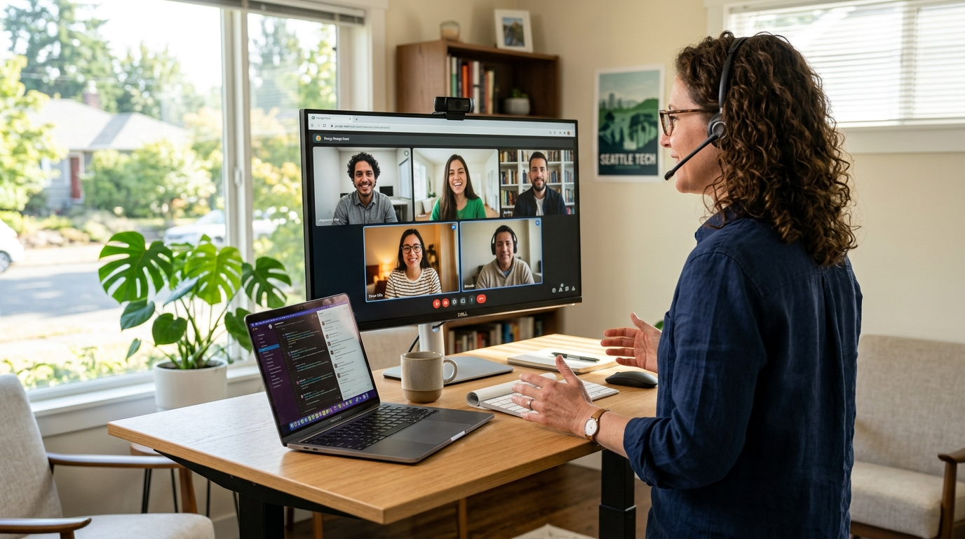 US product manager on video call with nearshore mobile app development team in Latin America during morning standup
