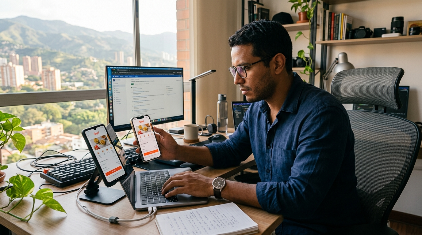 Nearshore QA engineer in Medellín testing a mobile app on iPhone and Android devices as part of a nearshore mobile app development team