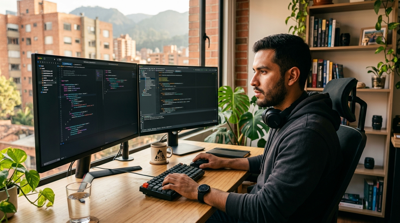 Nearshore mobile developer for iOS and Android working at a dual-monitor setup in a Latin American home office