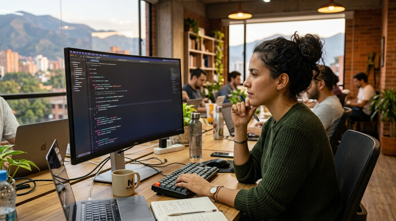 Nearshore iOS developer reviewing Swift code in a Latin American office, 2026 mobile development