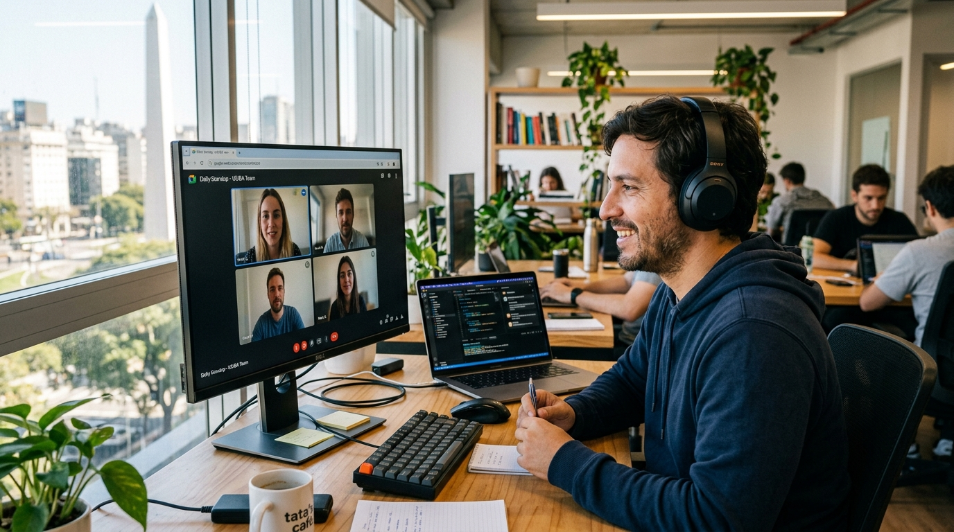 Nearshore Android developer in Buenos Aires on a live video standup with a US product team, real-time collaboration