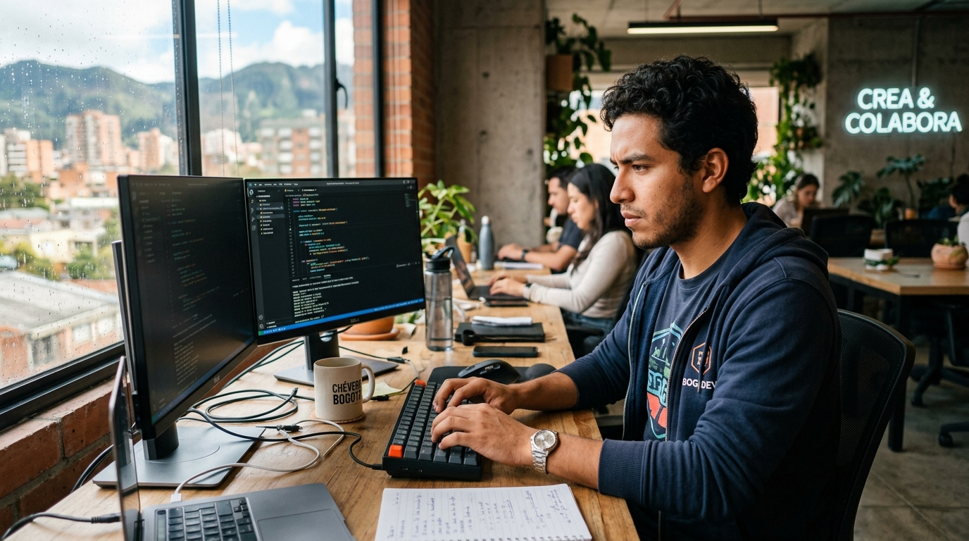 Latin American nearshore programmer at dual monitors in a modern Bogotá coworking space, working US business hours