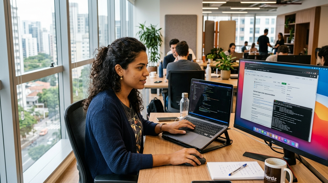 Latin American nearshore programmer reviewing code on laptop in a São Paulo office, working US business hours
