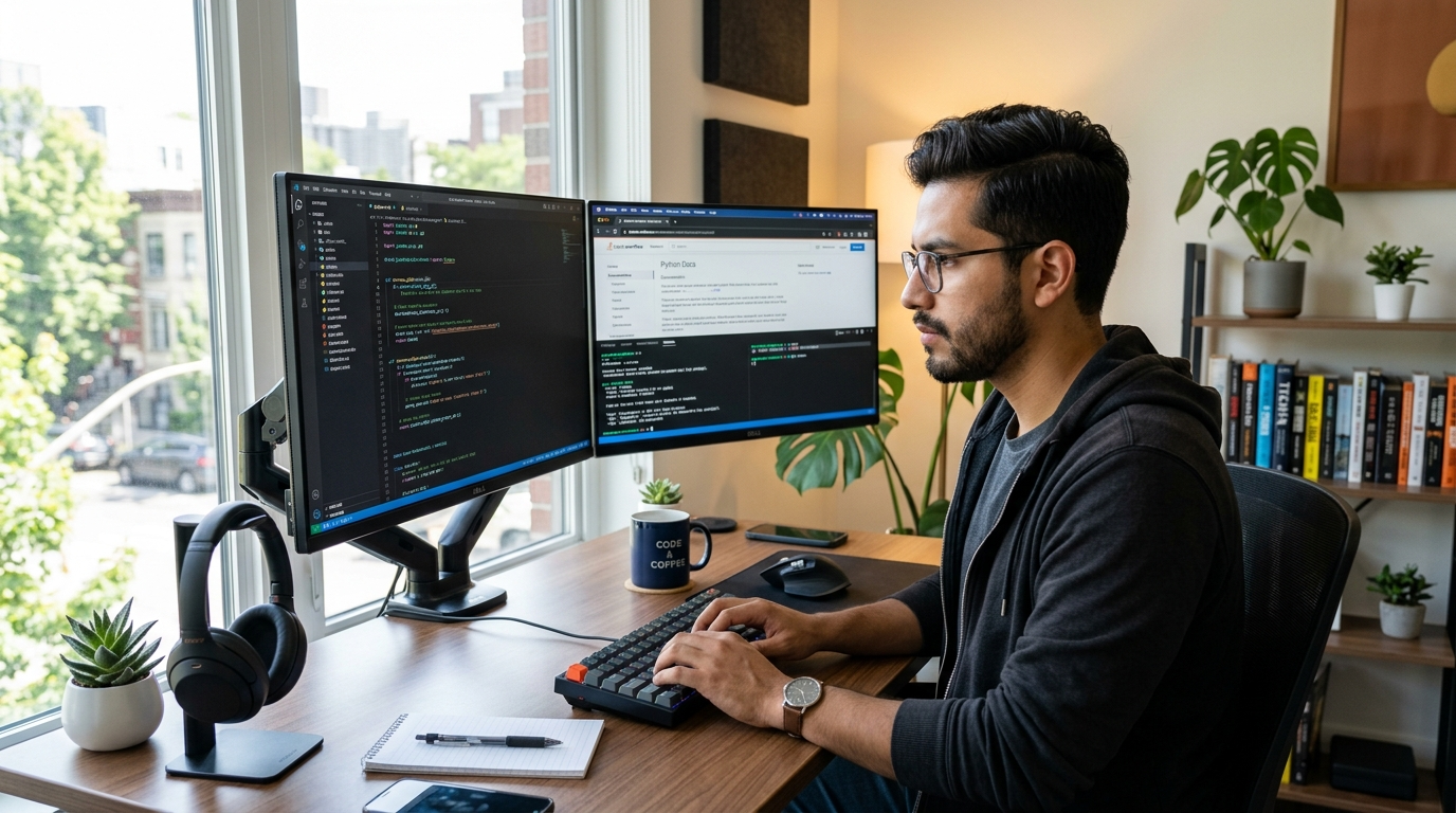 Nearshore Python developer in Latin America writing code on dual monitors in a bright modern home office in 2026