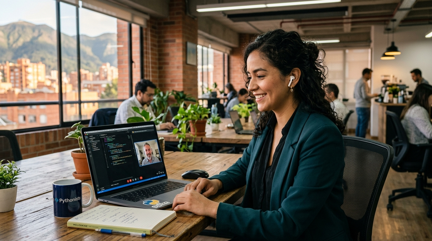 Nearshore Python developer in Bogotá Colombia on a video call with a US team, Python code visible on laptop screen