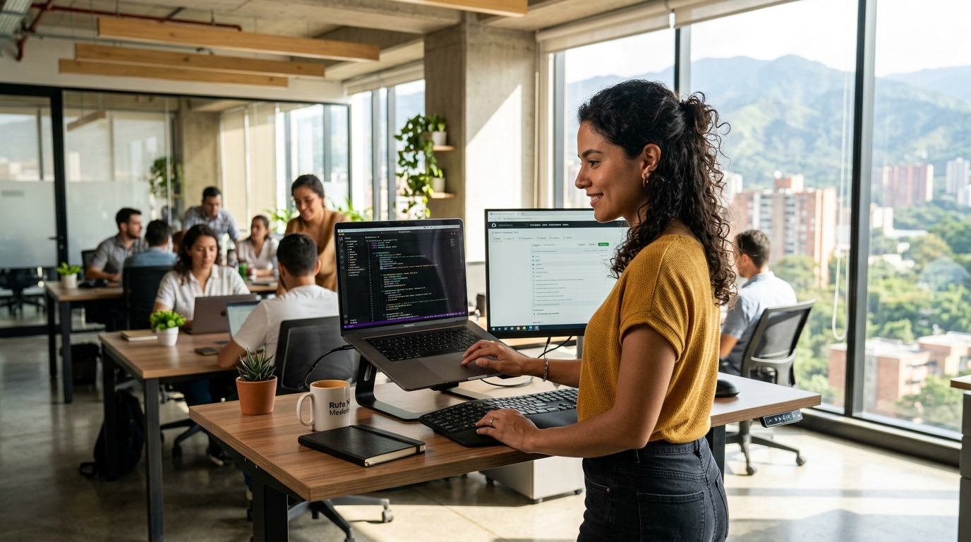 Nearshore Python developer reviewing code at a standing desk in a modern office in Medellín Colombia
