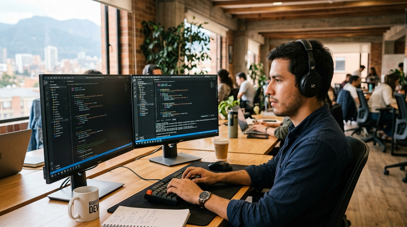 Latin American Python developer writing code on dual monitors in a modern coworking space — nearshore Python development in 2026