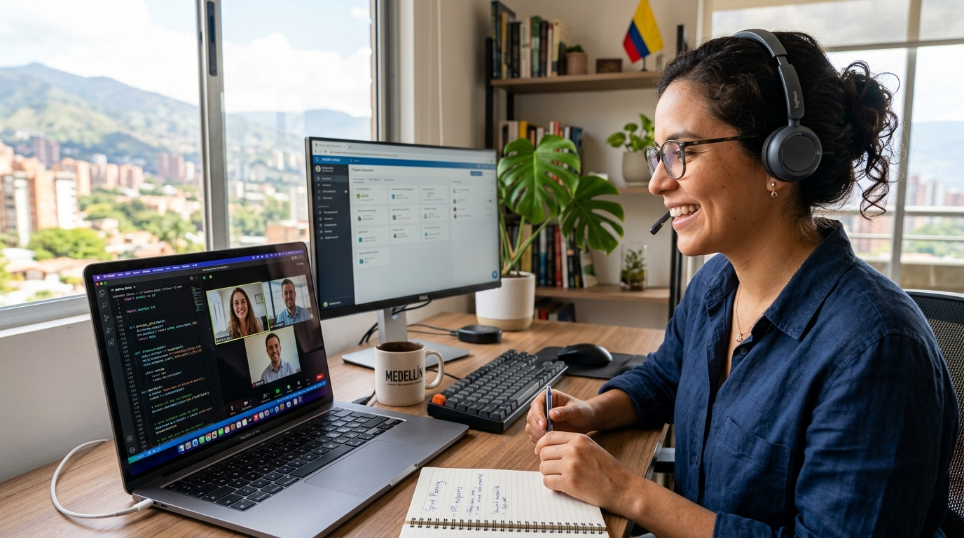 Nearshore Python developer in Latin America on a live video call with a US engineering team, code visible on screen