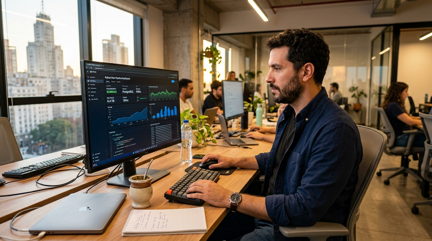 Latin American Python data engineer reviewing a pipeline dashboard in a Buenos Aires tech office — nearshore Python development