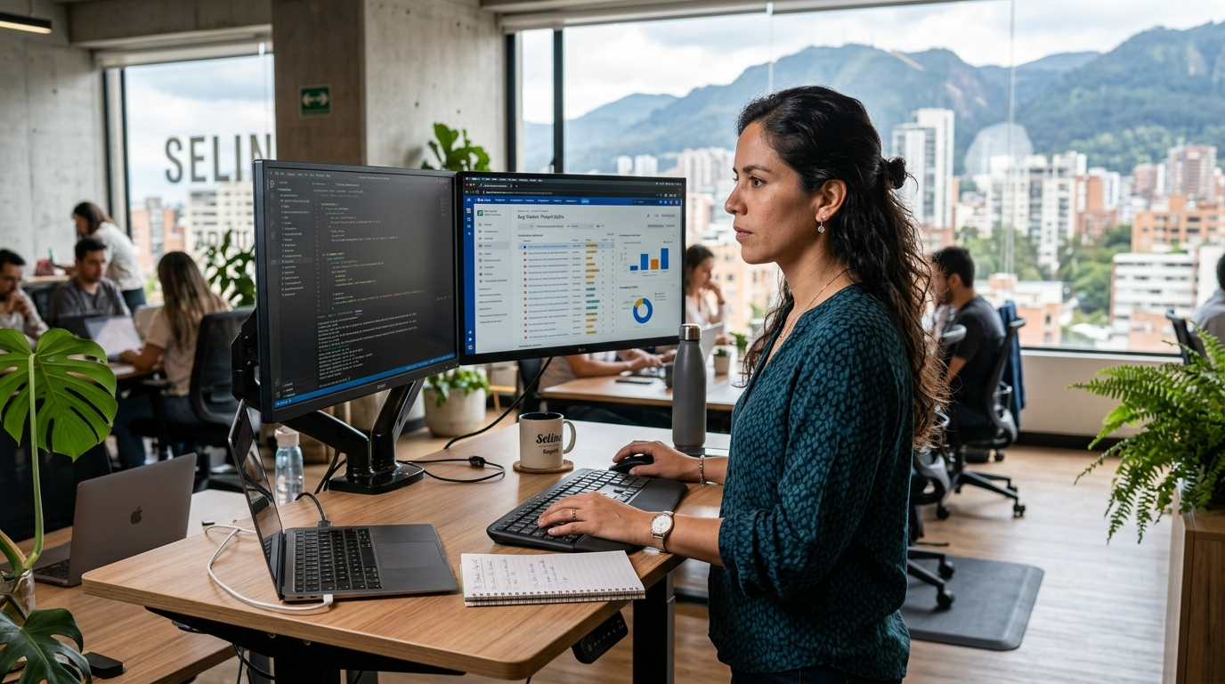Nearshore QA engineer in Latin America reviewing automated test results on dual monitors in 2026 — Rose Talent Solutions