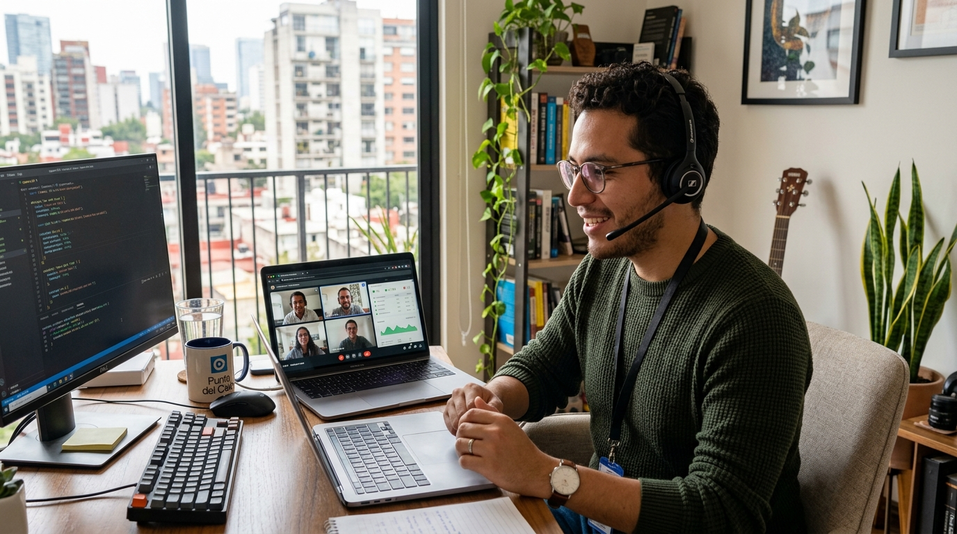 Nearshore QA engineer in Mexico City running Cypress automated tests during a live sprint review with a US product team