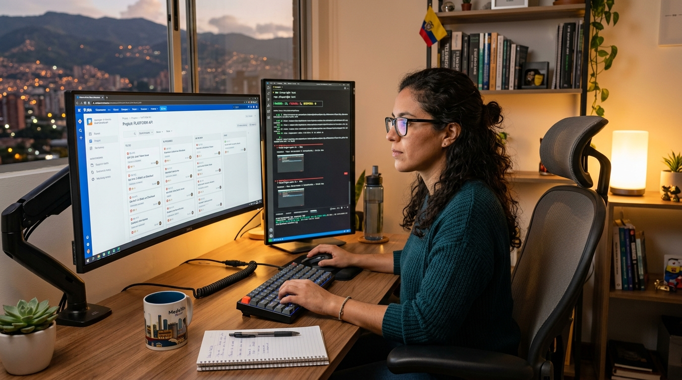 Nearshore QA engineer in Medellín reviewing a JIRA bug board and Playwright automated test results during a US business hours sprint