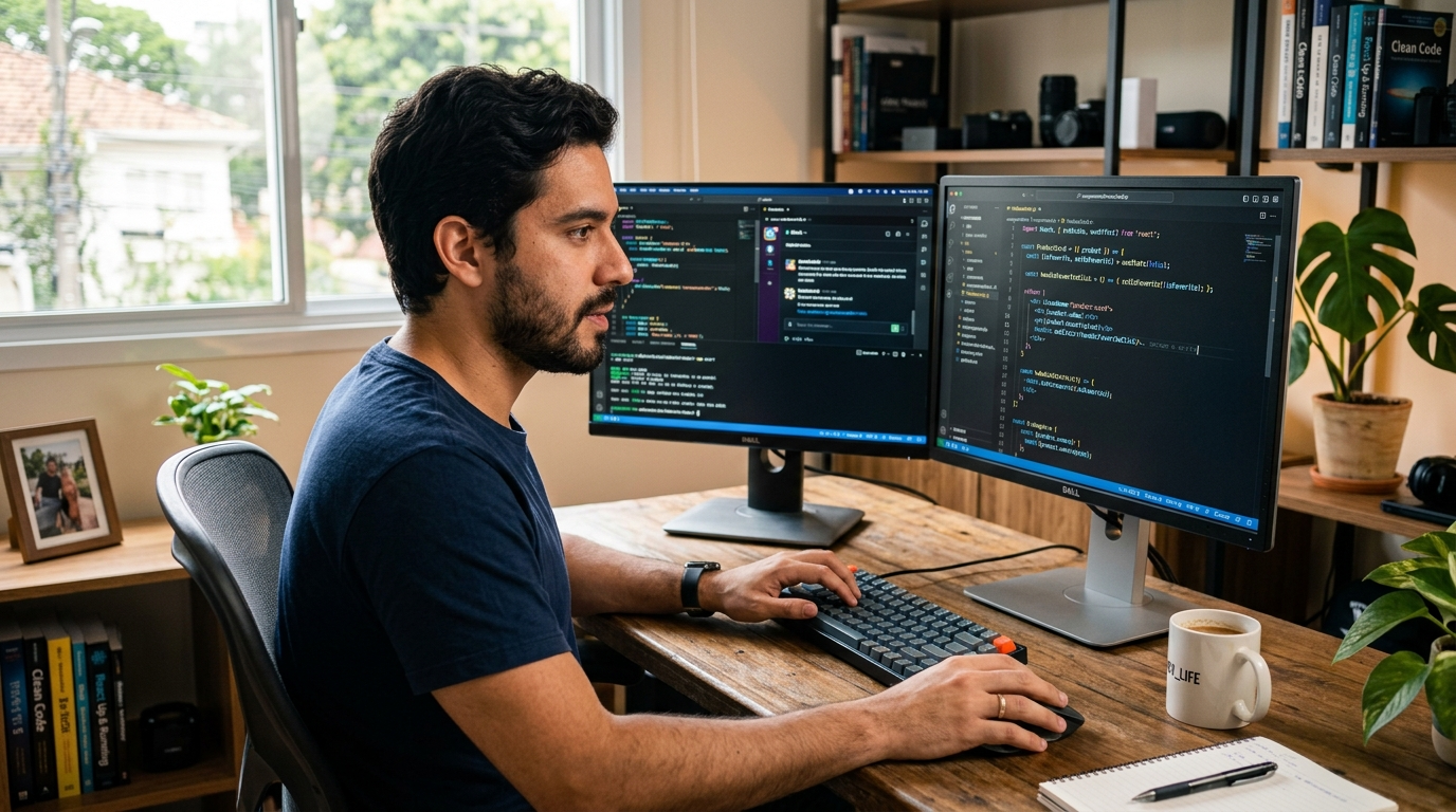 Latin American nearshore React developer reviewing component architecture on dual monitors in a modern, well-lit home office