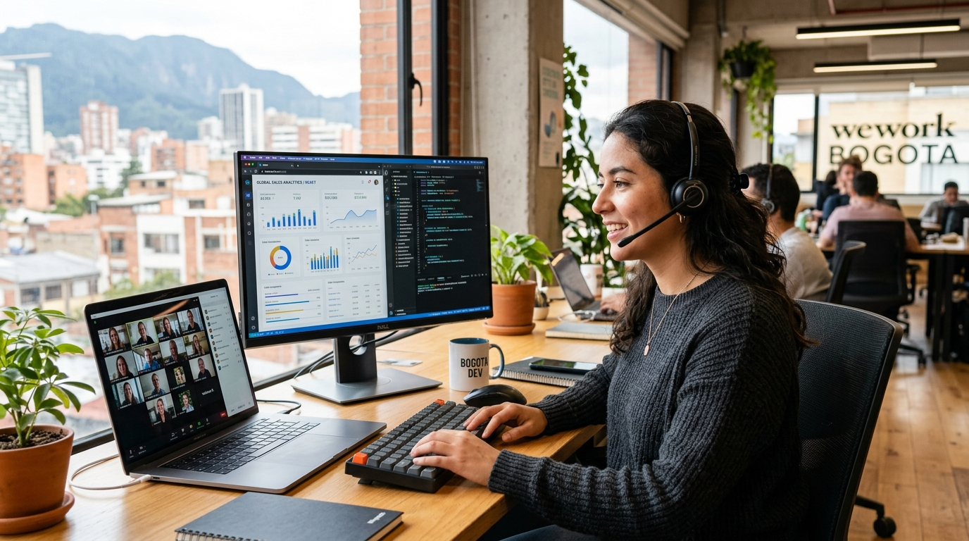 Nearshore React developer in Bogota on a live video call with a US product team, React dashboard visible on monitor