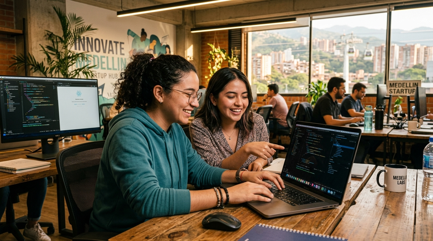 Two nearshore React developers pair-programming on a component library in a modern Medellin startup office