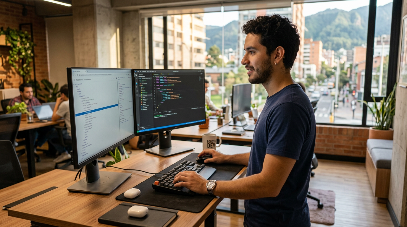 Latin American React developer working on nearshore React development project in a modern Bogotá co-working space, dual monitors visible