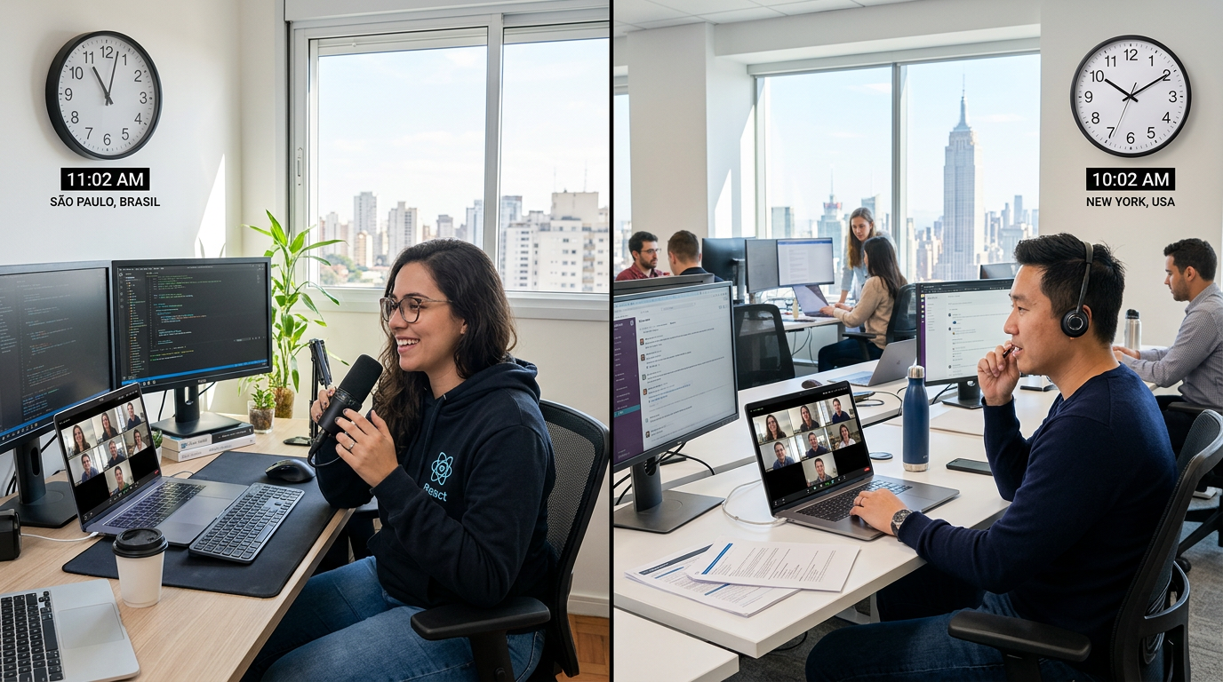 Nearshore React development team in São Paulo on live video standup with US product manager, matching business hours