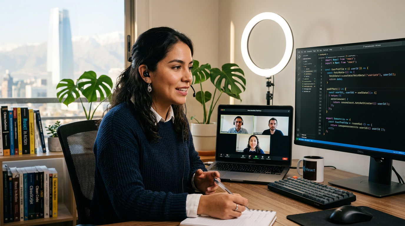 Latin American female React developer in Santiago Chile home office during a nearshore technical screening interview, code challenge on screen