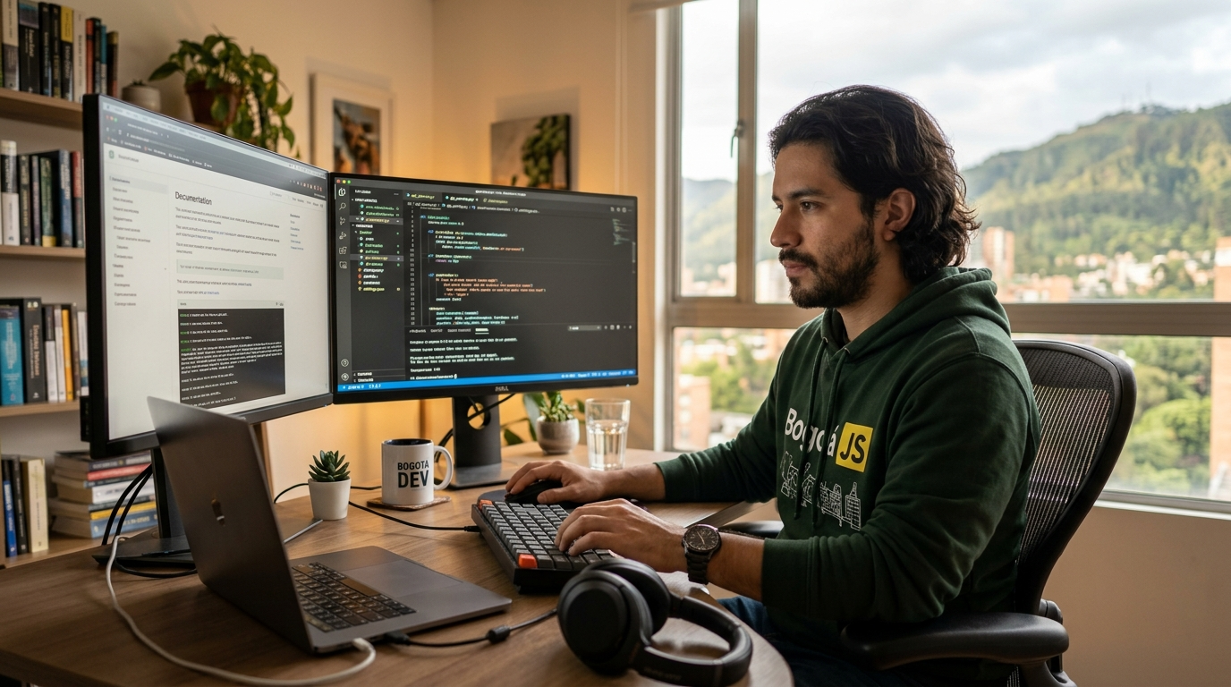 Nearshore React engineer working at dual monitors in a modern Latin American home office in 2026
