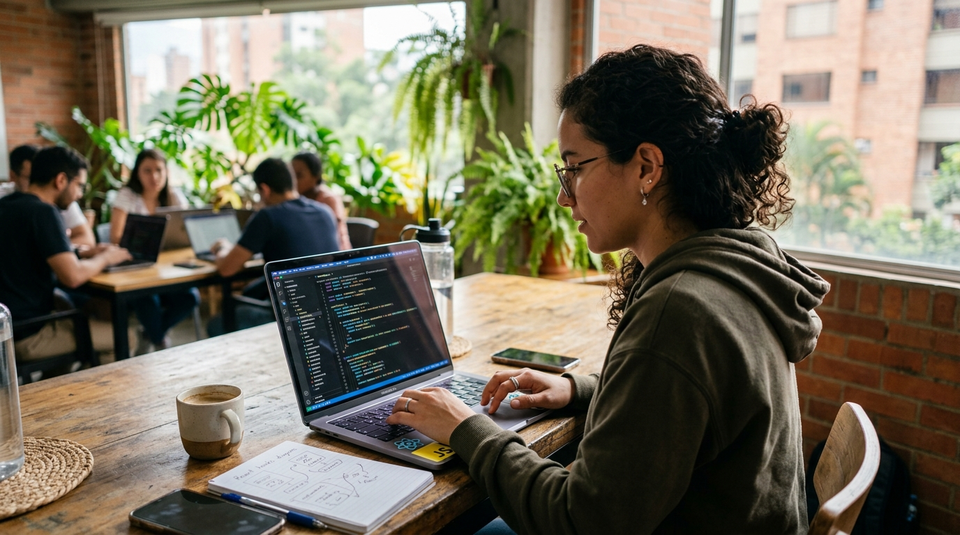 Latin American nearshore React engineer reviewing front-end component code on a laptop in a Colombian coworking space