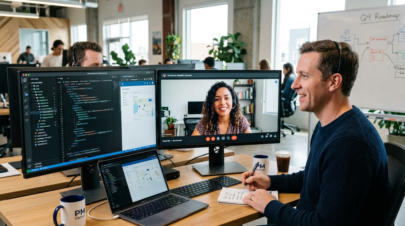 US product manager collaborating in real time with a nearshore React engineer via video call, React component tree visible on screen