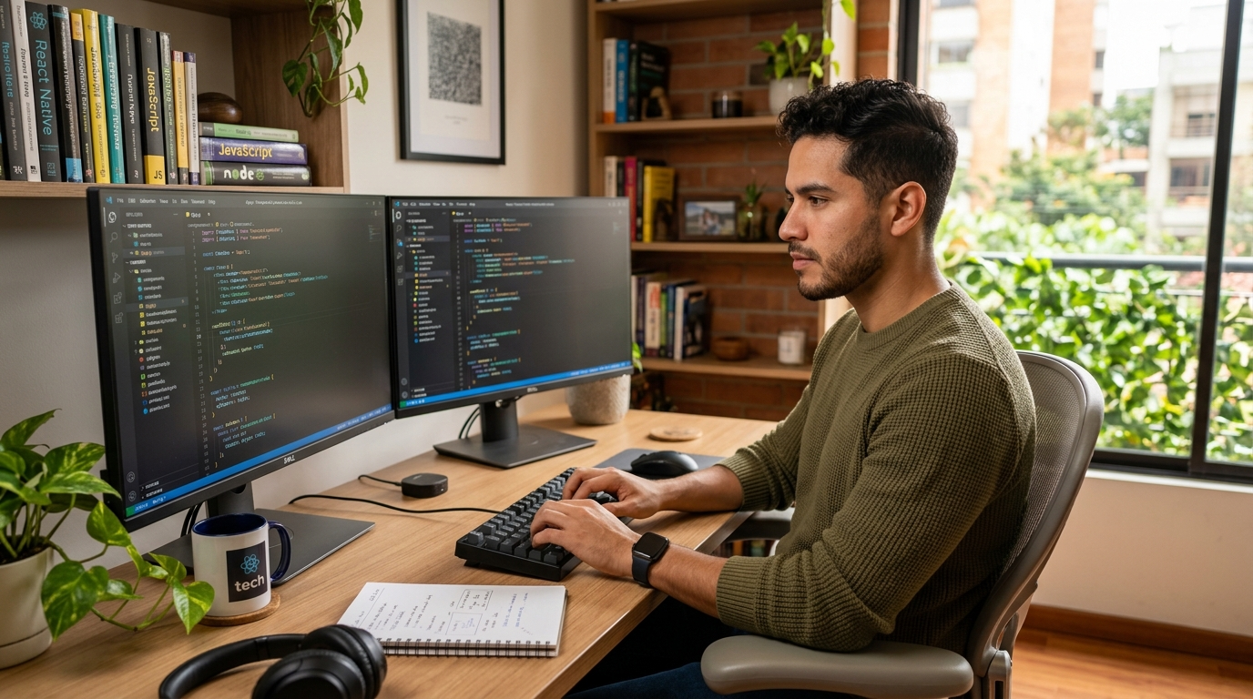 Nearshore React Native developer in Latin America writing mobile app code on dual monitors in a modern home office