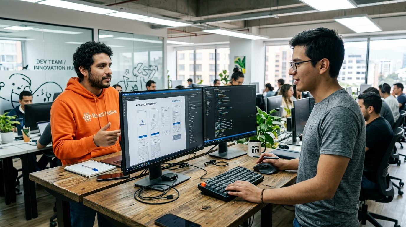 Nearshore React Native developers in Latin America collaborating on a mobile app UI at a standing desk