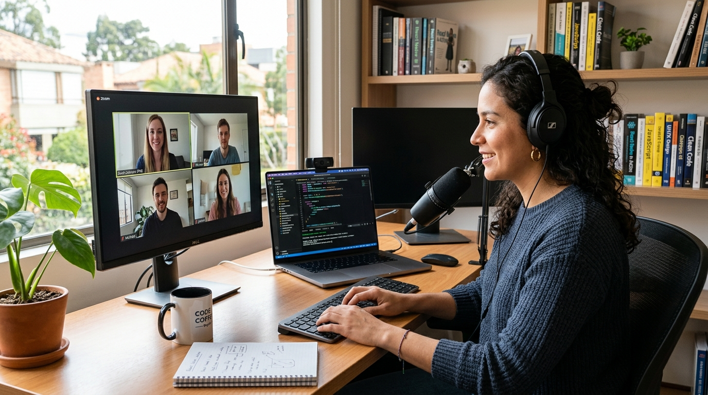 Nearshore React Native developer on a real-time video call with a US product team reviewing mobile app code