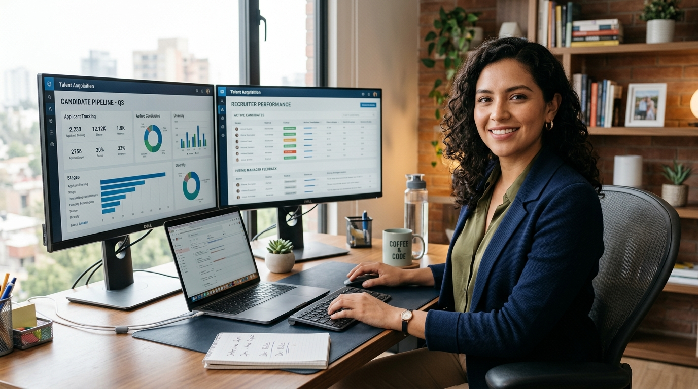 Latin American virtual assistant placed by a nearshore recruiting company working at a modern dual-monitor home office setup