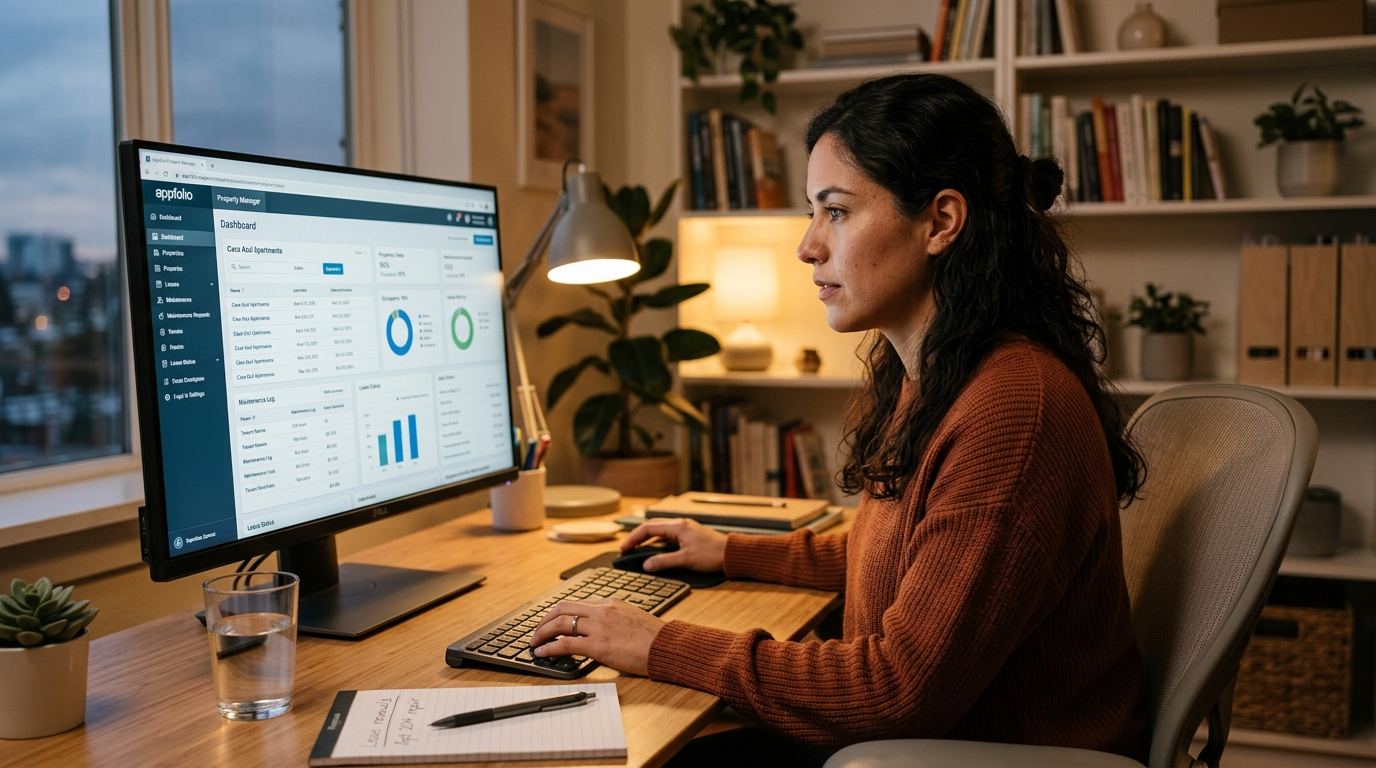 Nearshore virtual assistant reviewing property management software placed through a nearshore recruiting company